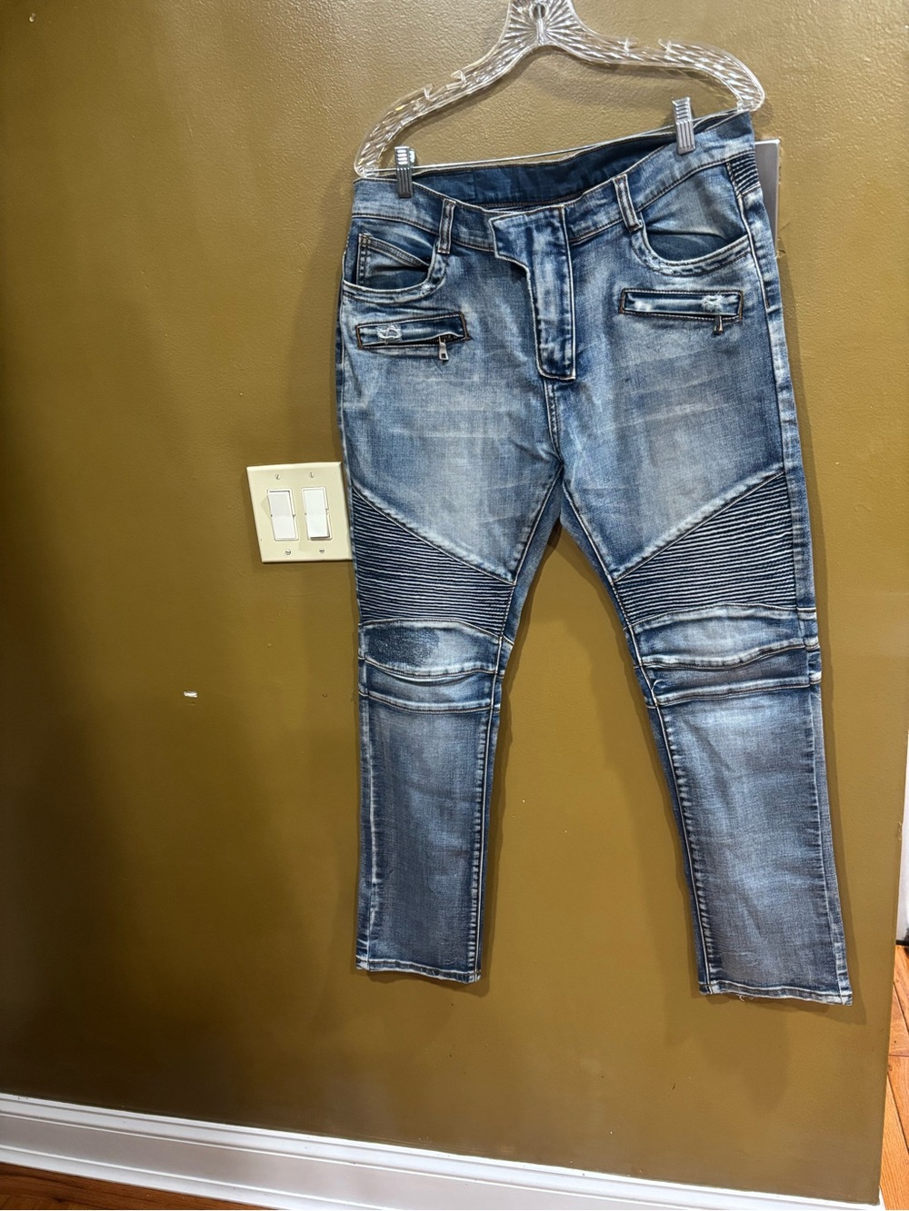 Balmain Biker Blue Denim Jeans Ribbed Panels Above Knees Men's Italy Size 34